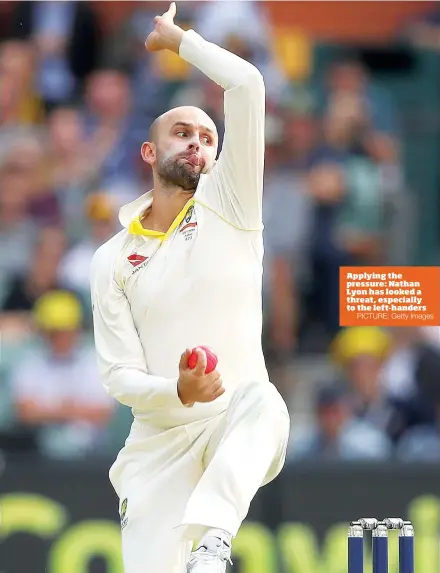  ?? PICTURE: Getty Images ?? Applying the pressure: Nathan Lyon has looked a threat, especially to the left-handers