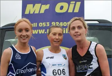  ??  ?? Medal winners at last year’s Mr Oil Senior women’s road race (from left): Clodagh Kelly (second), Jackie Carthy (first), Nicola Murphy (third).