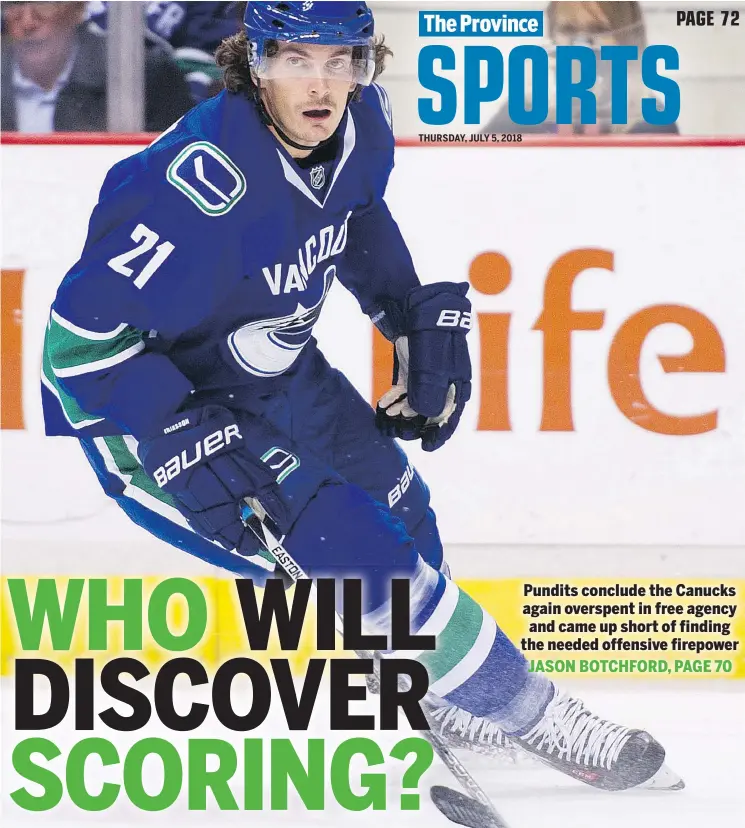  ?? GERRY KAHRMANN/PNG FILES ?? Forward Loui Eriksson, who signed a six-year deal on July 1, 2016, has been an offensive disappoint­ment for the Vancouver Canucks. Last year he scored 10 goals.