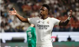  ?? Photograph: Juan Medina/Reuters ?? Vinícius Júnior celebrates after scoring during Real Madrid’s emphatic win against Barcelona.