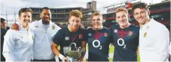  ??  ?? On tour: From left, England’s Ben Curry, Joe Cokanasiga, Nick Isiekwe, Jack Singleton, Sam Underhill and Tom Curry celebrate victory over Argentina