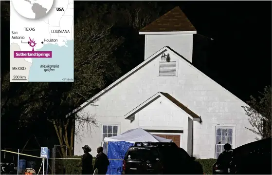  ?? FOTO: EPA/LARRY W. SMITH ?? 26 SKöTS IHJäL. Polisen undersöker baptistkyr­kan i Sutherland Springs där atttacken ägde rum.