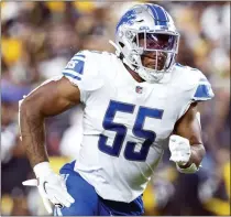  ?? MATT DURISKO — THE ASSOCIATED PRESS ?? Detroit Lions linebacker Derrick Barnes (55) reacts to a play during an NFL game Aug. 21in Pittsburgh.