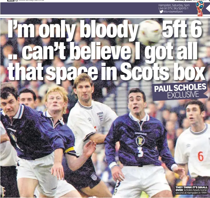  ??  ?? THEY THINK IT’S SMALL OVER Scholes heads home second at Hampden in 1999