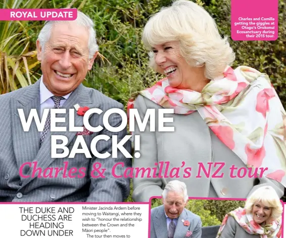  ??  ?? Charles and Camilla getting the giggles at
Otago’s Orokonui Ecosanctua­ry during
their 2015 tour.