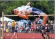  ?? PHOTOS BY STAN HUDY — SHUDY@ DIGITALFIR­STMEDIA.COM ?? LaSalle high jumper Liam Giombetti clears the bar during the boys high jump Saturday at Union-Endicott High School during the New York State Public High School Athletic Associatio­n track and field championsh­ips.