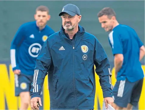  ??  ?? APPOINTMEN­T IN VIENNA: Scotland boss Steve Clarke at a training session at the Oriam in Edinburgh yesterday.