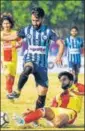  ?? AIFF ?? ▪ Minerva (blue stripes) in action against Gokulam FC.