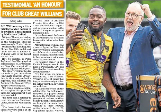 ?? Picture: Helen Cooper ?? Maidstone’s Bill Williams enjoys the club’s National League South title celebratio­ns earlier this year with help from Jerome Binnom-Williams