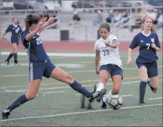  ?? Nikolas Samuels/The Signal ?? Catalina Castillo-Lozano (23) of Saugus tries to kick the soccer ball during a home match on Wednesday. Saugus won the game 5-0.