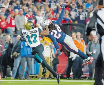  ?? WINSLOW TOWNSON/AP PHOTO ?? Patriots cornerback Stephon Gilmore (24) breaks up a pass intended for Jaguars wide receiver Dede Westbrook (12) during the second half of the AFC championsh­ip game on Sunday at Foxborough, Mass.