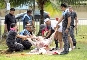  ??  ?? Immigratio­n Department and Petra Jaya fire station officers and staff cut the sacrificia­l meat for distributi­on. – Photos by Chimon Upon
