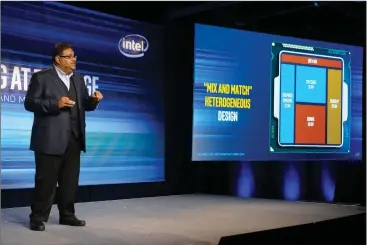  ??  ?? Intel’s Murthy Renduchint­ala in a 2017 presentati­on describing its EMIB technology to join multiple chips together.