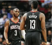  ?? Elizabeth Conley / Staff photograph­er ?? Rockets guards Chris Paul, left, and James Harden are used to competing in high-profile games like the one at Staples Center.