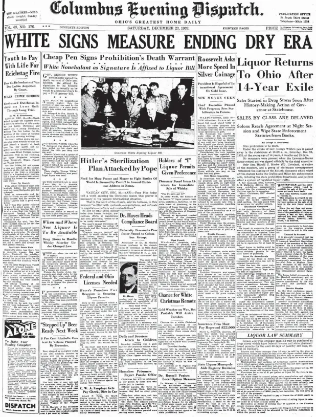  ?? COLUMBUS DISPATCH ARCHIVES ?? Columbus Evening Dispatch front page from Dec. 23, 1933, which reported the end of Prohibitio­n in Ohio.