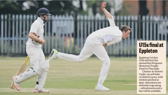  ??  ?? Durham’s Josh Coughlin powers in to bowl for Eppleton in Saturday’s Premier Division clash with Newcastle. Pictures by Tim Richardson.