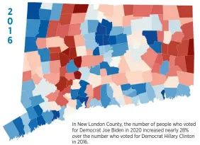  ??  ?? In New London County, the number of people who voted for Democrat Joe Biden in 2020 increased nearly 28% over the number who voted for Democrat Hillary Clinton in 2016.
