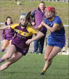  ??  ?? Una Sinnott taking on Sarah Delaney of Tipperary.