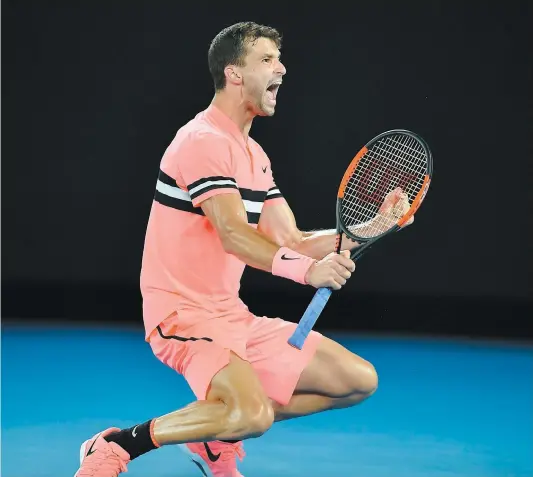  ??  ?? Grigor Dimitrov ne pouvait contenir sa joie après avoir défait l’australien Nick Kyrgios en quatre sets hier à Melbourne.