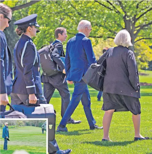  ?? ?? Joe Biden walks to board Marine One this week surrounded by staff on the South Lawn of the White House, and inset, earlier this month walking alone