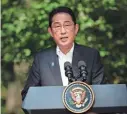  ?? ANDREW HARNIK/AP ?? Japan’s Prime Minister Fumio Kishida speaks during a joint news conference on Friday at Camp David, the presidenti­al retreat.