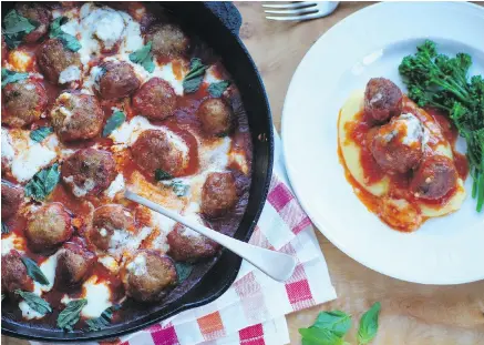  ?? ERIC AKIS ?? These saucy, tender and tasty polpette — Italian-style meatballs — were browned, sauced, baked and topped with burrata.