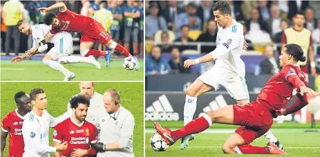  ??  ?? LESIONADO. Salah chocó con Ramos y salió del partido por golpe en el hombro izquierdo. MARCAJE. Virgil van Dijk le barre con todo a Cristiano Ronaldo, el portugués tuvo pocas ocasiones en la final.