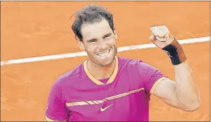  ?? AP PHOTO/DANIEL OCHOA DE OLZA ?? Spain’s Rafael Nadal celebrates winning the final of the Madrid Open tennis tournament in two sets, 7-6 (10-8), 6-4, in Madrid, Spain, Sunday.