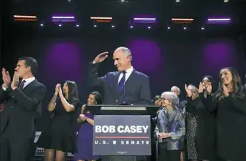  ?? Jake Danna Stevens/The Times-Tribune ?? Sen. Bob Casey, D-Pa., gives a victory speech during his election night event at the Scranton Cultural Center at the Masonic Temple in Scranton, Pa., on Tuesday.