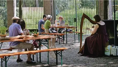  ?? RP-FOTO: GOTTFRIED EVERS ?? Eine Harfenisti­n sorgte für ganz besondere Stimmung im Moyländer Schlosspar­k.