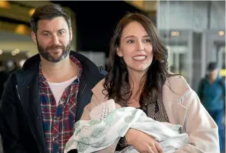  ?? ROSS GIBLIN/STUFF ?? Prime Minister Jacinda Ardern arrives back in Wellington, after six weeks of maternity leave, with baby Neve and partner Clarke Gayford. Now the family are off to New York.