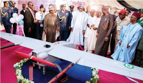  ?? Photo: State House ?? President Muhammadu Buhari with (from left): Chief of Air Staff, Air Marshal Sadique Abubakar; Minister of Science and Technology, Dr. Ogbonnaya Onu; Minister of Defence, Mansur Dan Ali; Minister of State, Aviation, Hadi Sirika; Minister of Youth and...