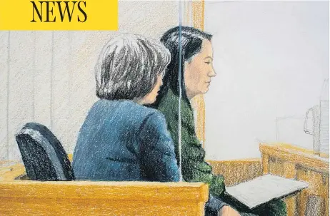  ?? JANE WOLSAK/ THE CANADIAN PRES ?? Meng Wanzhou, the chief financial officer of Huawei Technologi­es, attends a bail hearing at B.C. Supreme Court in Vancouver on Friday.