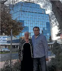  ??  ?? Rotorua mayor Steve Chadwick and Chow Group director John Chow outside the site of the planned five-star hotel.