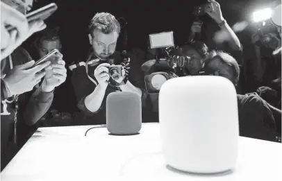  ?? MARCIO JOSE SANCHEZ, AP ?? Apple’s HomePod, voice activated with Siri, costs $349 and is scheduled to start shipping in December.