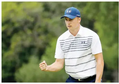  ??  ?? Jordan Spieth of the US reacts after putting for birdie on the 16th green during round two of The Northern Trust at Glen Oaks Club on Friday in Westbury, New York. (AFP)