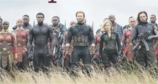  ?? Picture: Marvel Studios 2018 ?? Marvel Studios’ AVENGERS: INFINITY WAR L to R: Okoye (Danai Gurira), Black Panther/T’Challa (Chadwick Boseman), Captain America/Steve Rogers (Chris Evans), Black Widow/Natasha Romanoff (Scarlet Johansson) and Winter Soldier/Bucky Barnes (Sebastian Stan)