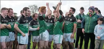  ??  ?? RED LETTER DAY: Ballycroy lift the Mayo Division 5 League trophy (left) after their extra-time victory over Louisburgh (main) last weekend and (below) father and son duo Stephen Grealis Snr and Jnr