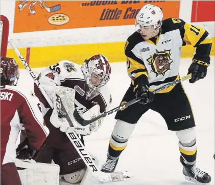  ?? CLIFFORD SKARSTEDT EXAMINER ?? Peterborou­gh Petes' goalie Dylan Wells blocks a shot on Hamilton Bulldogs' Isaac Nurse during first period OHL action on Saturday.