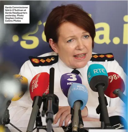  ??  ?? Garda Commission­er Nóirín O’Sullivan at Garda Headquarte­rs yesterday. Photo: Stephen Collins/ Collins Photos