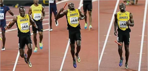  ??  ?? Ouch!: A combinatio­n of pictures on Aug 13 showing Jamaica’s Usain Bolt pulling up injured in the men’s 4x100m relay at the World Championsh­ips at the London Stadium. — AFP