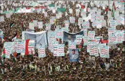  ?? ?? Houthi supporters in Sanaa attend a rally in February against the USled strikes on Yemen and in support of Palestinia­ns in the Gaza Strip.