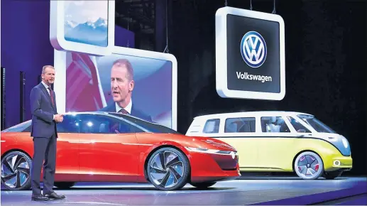  ?? [ AFP] ?? VW-Markenchef Herbert Diess stellte die künftigen Elektroaut­os von VW vor, die sogenannte­n I.D.Modelle. Sie sollen ab 2020 erhältlich sein.