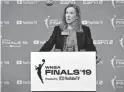  ??  ?? WNBA Commission­er Cathy Engelbert addresses the media before the 2019 WNBA Finals between the Mystics and the Sun.