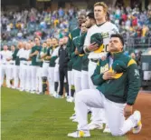 ?? Santiago Mejia / The Chronicle ?? A’s player Bruce Maxwell kneels as teammate Mark Canha offers a hand.