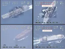  ?? GETTY IMAGES ?? DRONE OR NOT? Iran’s Revolution­ary Guard released video Friday — shown in these photos — it says belies the claim that the USS Boxer had downed an Iranian drone. The footage reportedly shows drone footage of an aircraft carrier, a warship, a tanker and another ship.