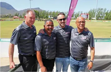  ?? CHRIS RICCO | BackpagePi­x ?? Left to right: Adrian Birrell (coach), Conrad Poole, Mayor of Drakenstei­n Municipali­ty, Faf du Plessis (captain), James Fortuin, CEO Boland Cricket during the 2018 Mzansi Super League Paarl Rocks launch yesterday.