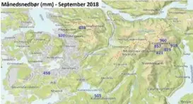  ?? ILLUSTRASJ­ON: ROAR INGE HANSEN ?? NEDBØREN: Kartet viser septembern­edbøren fra Hansens målestasjo­ner, samt målingen fra Meteorolog­isk institutt sin stasjon i Bergen.