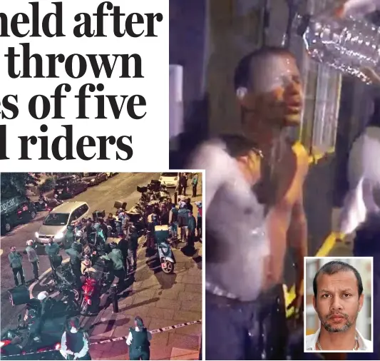  ??  ?? Rally: Moped drivers gather in London after the attacks Target: Jabed Hussain, also inset, is doused with water