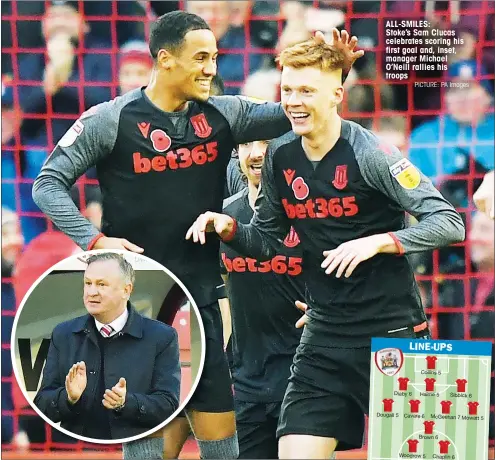  ?? PICTURE: PA Images ?? ALL-SMILES:
Stoke’s Sam Clucas celebrates scoring his first goal and, inset, manager Michael O’Neill rallies his troops